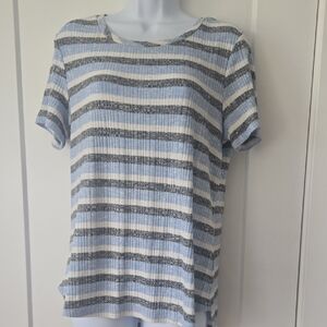Jones New York White and Blue Relaxed Ribbed Tee